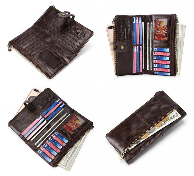 dark brown genuine first-layer cowhide leather wallet for women, rfid blocking, zip pocket, id window, card holder, banknote pocket, wholesale