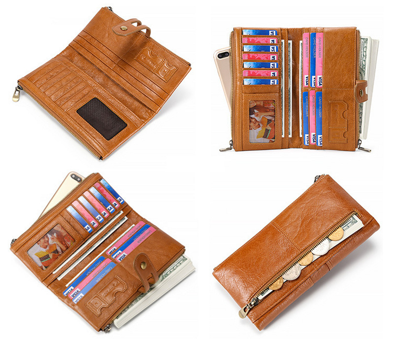 light brown genuine first-layer cowhide leather wallet for women, rfid blocking, zip pocket, id window, card holder, banknote pocket, wholesale light brown genuine first-layer cowhide leather wallet for women, rfid blocking, zip pocket, id window, card holder, banknote pocket, wholesale
