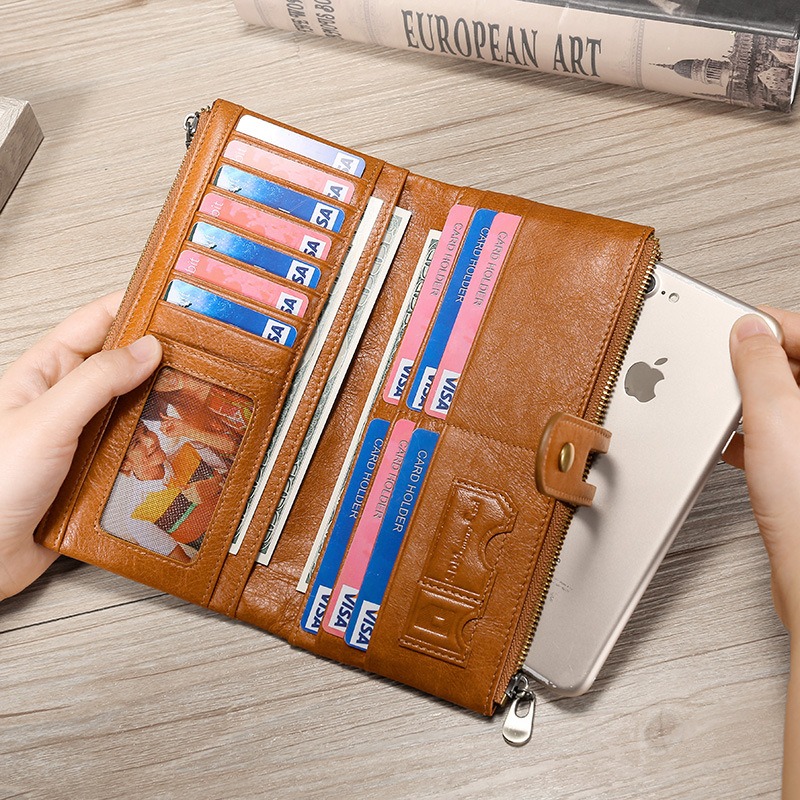 genuine first-layer cowhide leather wallet for women, rfid blocking, zip pocket, id window, card holder, banknote pocket, wholesale