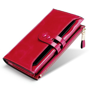 red RFID genuine leather clutch wallet for women