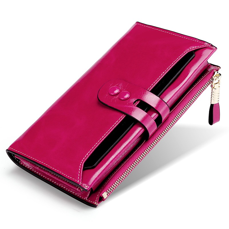 rose red modern lady women genuine leather clutch wallet rfid blocking anti theft wholesale