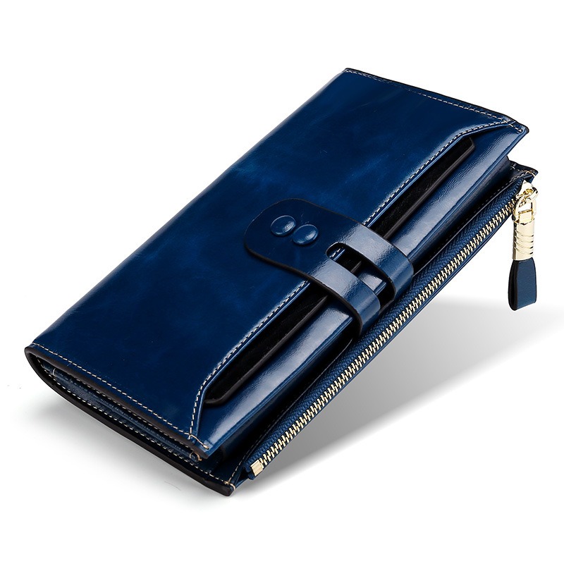 blue modern lady women genuine leather clutch wallet rfid blocking anti theft wholesale