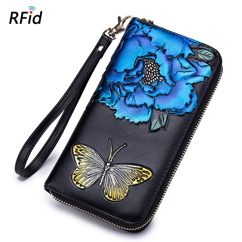 rose & butterfly embossing genuine leather clutch wallet, rfid blocking, lady, women, wholesale