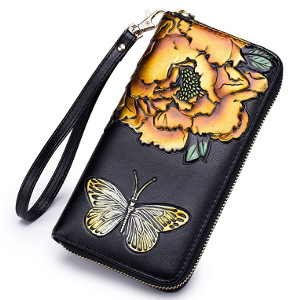 rose butterfly RFID genuine leather clutch wallet for women