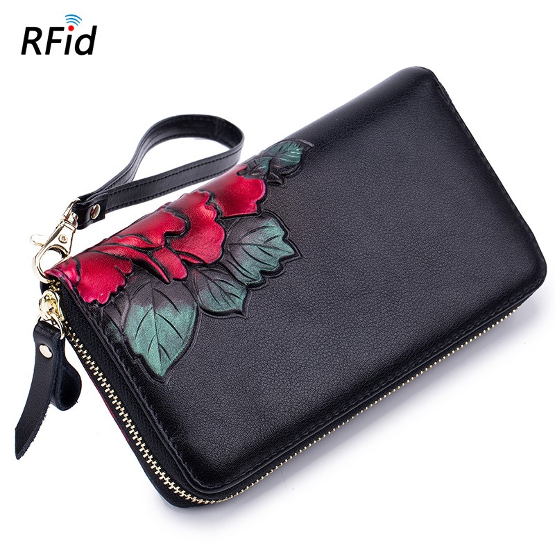 rose & butterfly embossing genuine leather clutch wallet, rfid blocking, lady, women, wholesale