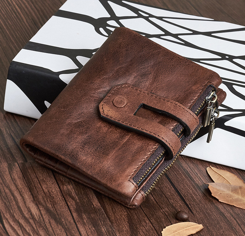 dark brown vertical bifold genuine leather wallet, vintage, rfid blocking, wholesale