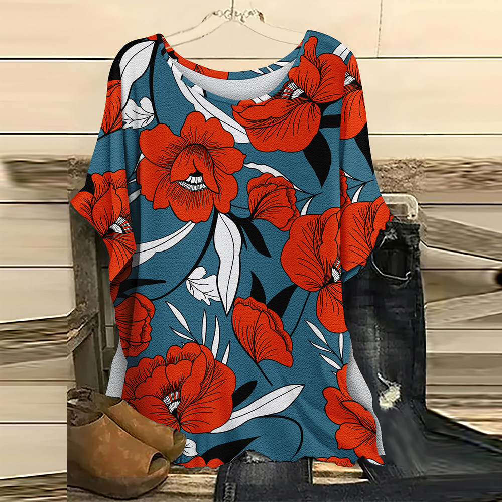 batwing short sleeve top, summer spring women's floral casual shirt loose crew neck