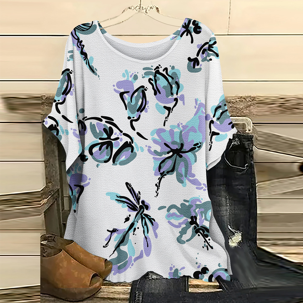 batwing short sleeve top, summer spring women's floral casual shirt loose crew neck