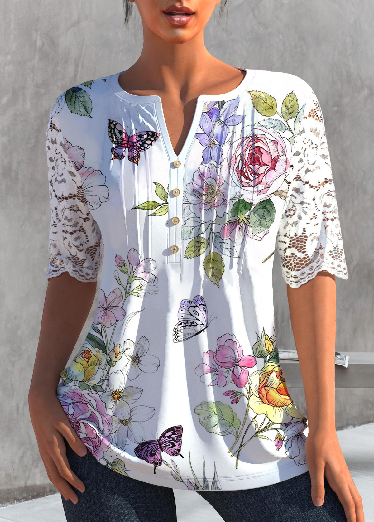 women's spring summer top lace half sleeve v-neck butterfly floral shirt