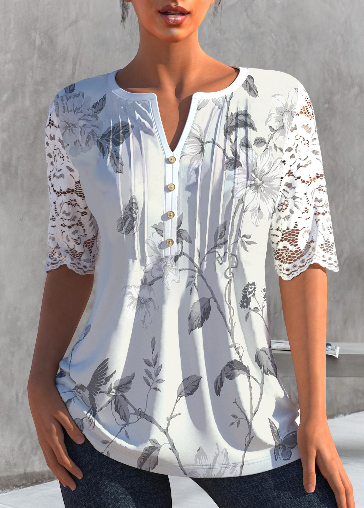 women's spring summer top lace half sleeve v-neck butterfly floral shirt women's spring summer top lace half sleeve v-neck butterfly floral shirt