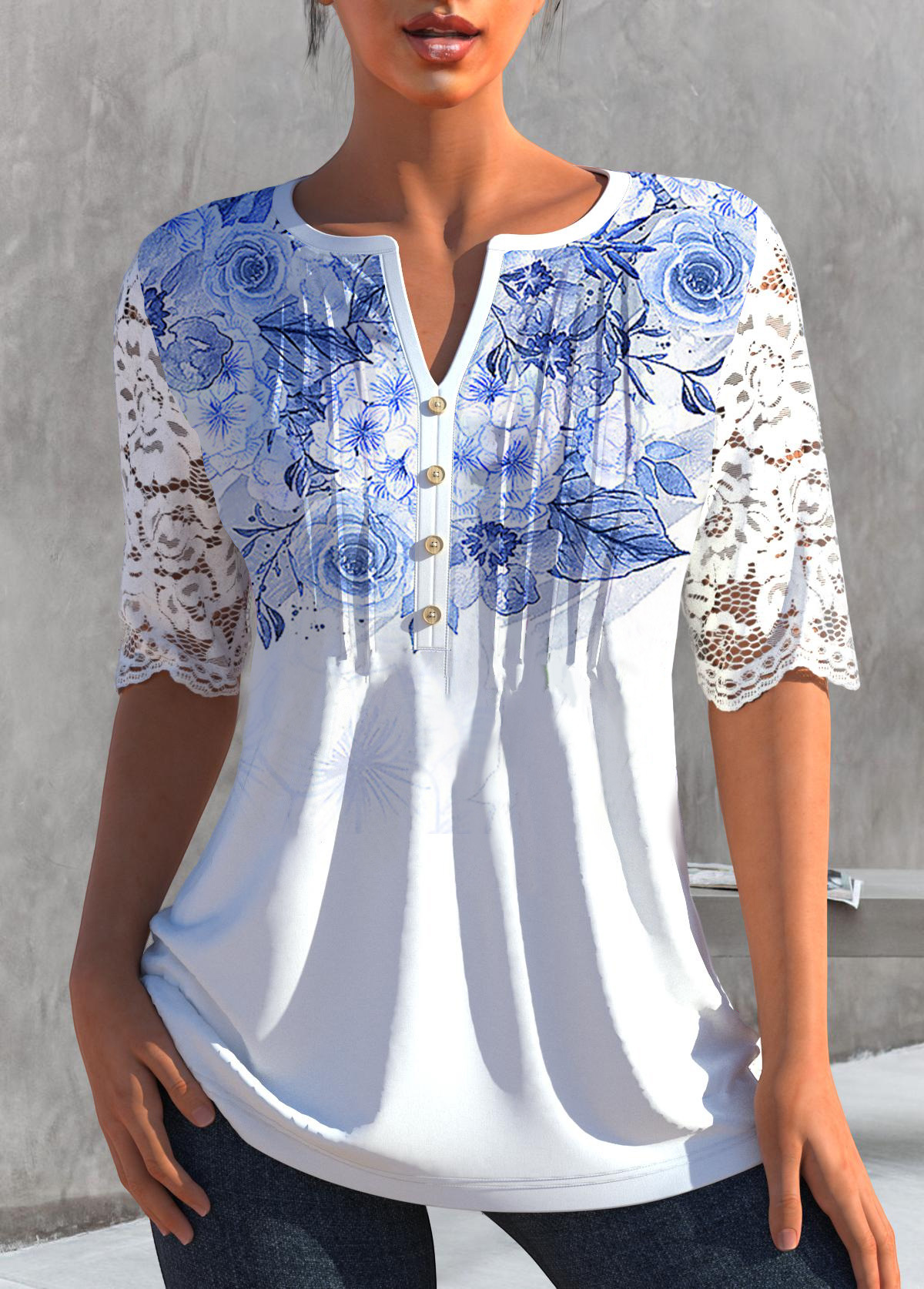 women's spring summer top lace half sleeve v-neck butterfly floral shirt