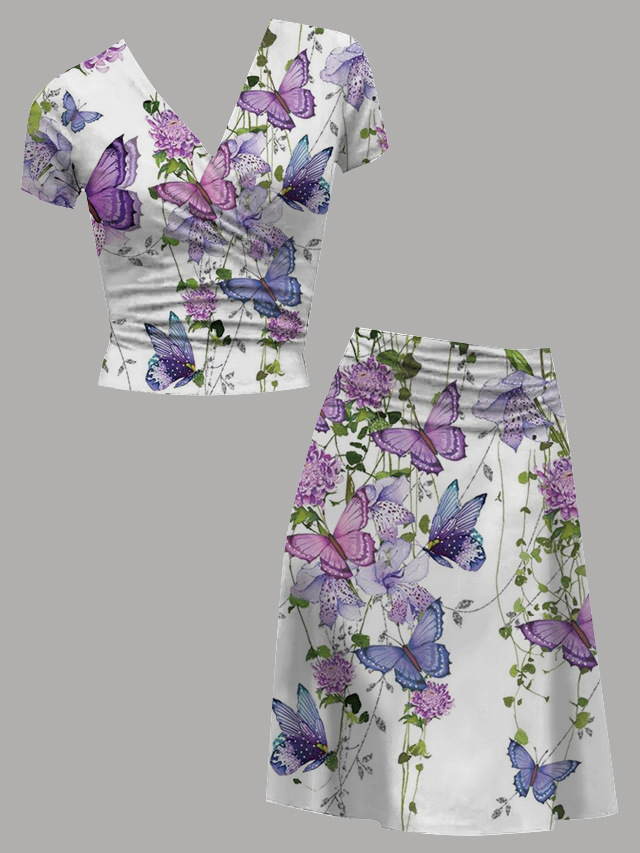 women's co-ord set 2-piece outfit top skirt short sleeve wrap collar