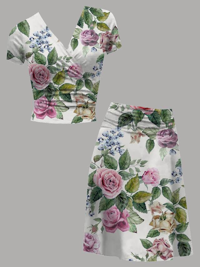 women's co-ord set 2-piece outfit top skirt short sleeve wrap collar