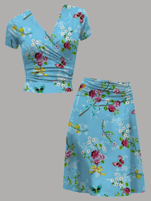 women's co-ord set 2-piece outfit top skirt short sleeve wrap collar