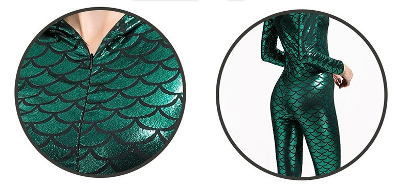 women's fish scale mermaid full bodysuit hood long sleeve green
