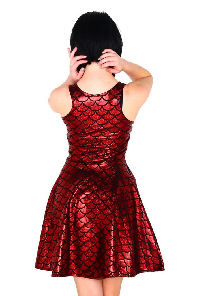 women's fish scale mermaid summer mini dress sleevelsss dragon red