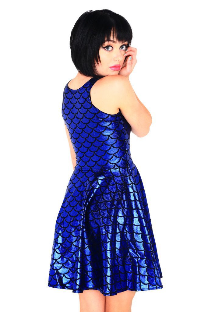 women's fish scale mermaid summer mini dress sleevelsss dragon blue