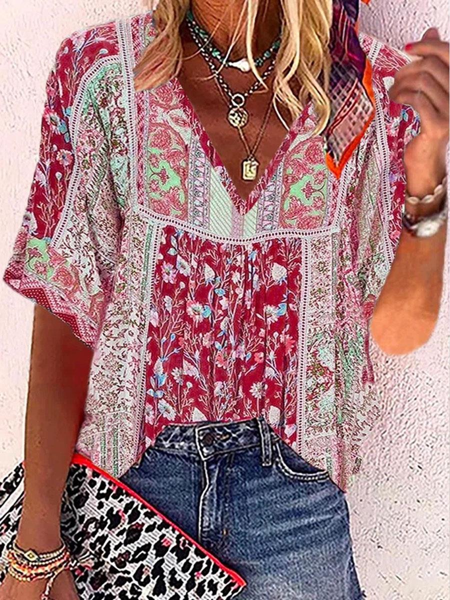 women's floral summer casual top half sleeve v-neck boho tribal bohemian women's floral summer casual top half sleeve v-neck boho tribal bohemian
