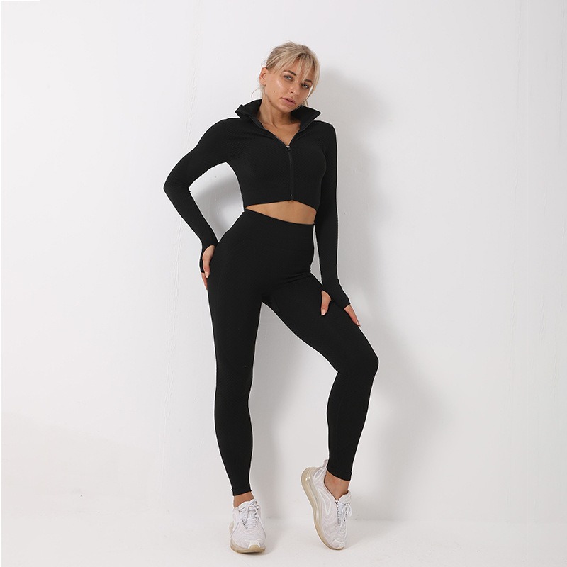 black workout outfit set tracksuit crop top leggings yoga clothes wholesale