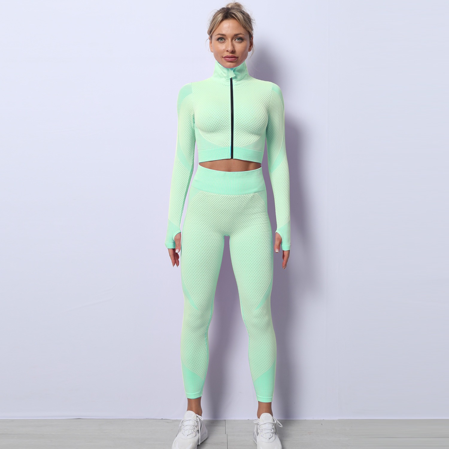 pale green workout outfit set tracksuit crop top leggings yoga clothes wholesale